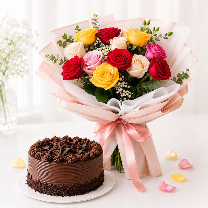 10 Mix Roses Bouquet with Half Kg Chocolate Cake - Flower Delivery in Kalyani