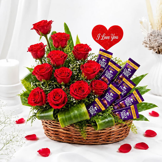 12 Red Roses Dairy Milk Chocolate Basket | OyeGifts
