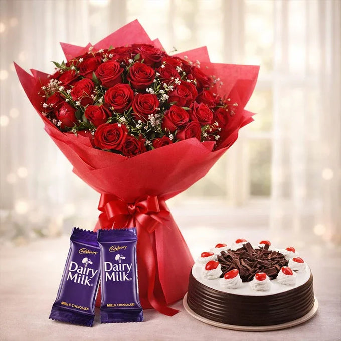 30 Red Roses Bouquet with Half Kg Black Forest Cake & 2 Dairy Milk Chocolates - Flower Delivery in GiftsGhaziabad