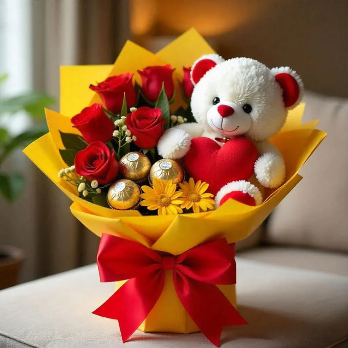 Ferrero Rocher Bouquet with Roses & Teddy | OyeGifts