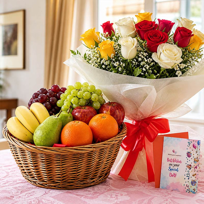 12 Mixed Roses with 2 Kg Fruit Basket Gift Hamper - Birthday Gift in Delhi