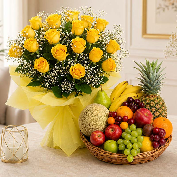 12 Yellow Roses Bouquet with 4kg Fresh Fruit Basket - Flower Delivery in GiftsGhaziabad