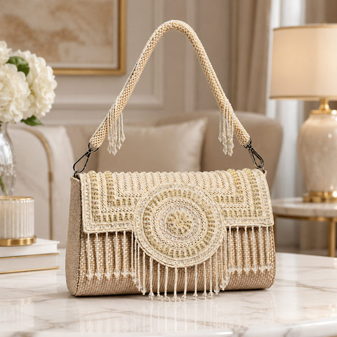 Beige Pearl Embellished Handcrafted Shoulder Bag