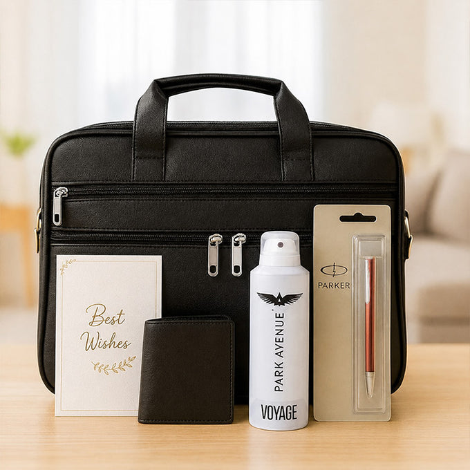 Black Leather Office Bag Gift Set with Wallet, Deo, Parker Pen & Greeting Card - Cosmetics for Men Gift for Men