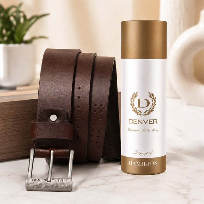 Denver Hamilton Imperial Deodorant Body Spray with Premium Brown Leather Belt Gift Combo - Cosmetics for Men Gift for Men
