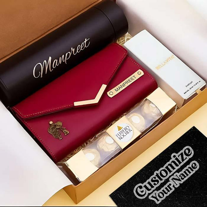 Customized Combo of Bottle, Red Clutch with perfume - Birthday Gift in Kalyani