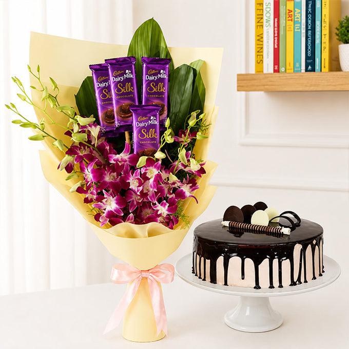 Chocolate Cream Cake with Purple Orchids & Dairy Milk - Flower Delivery in GiftsGhaziabad