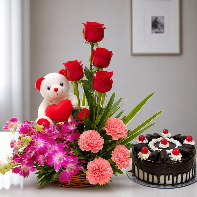Red Roses, Purple Orchids & Cake with Teddy - Flower Delivery in GiftsGhaziabad