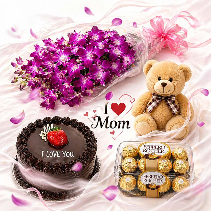 Purple Orchids with Ferrero Rocher Chocolate Cake & Teddy Combo - Orchids Gift for Men