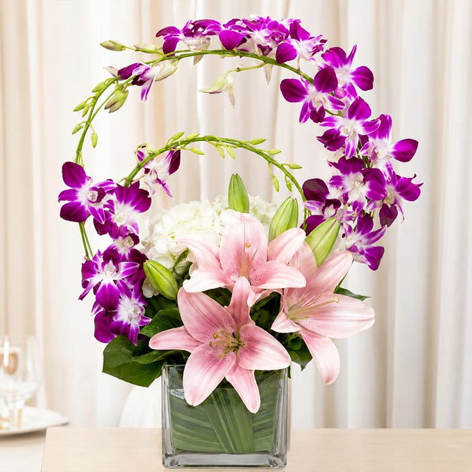 Orchid Rose & Pink Asiatic Lily Glass Vase Arrangement - Flower Delivery in GiftsGhaziabad