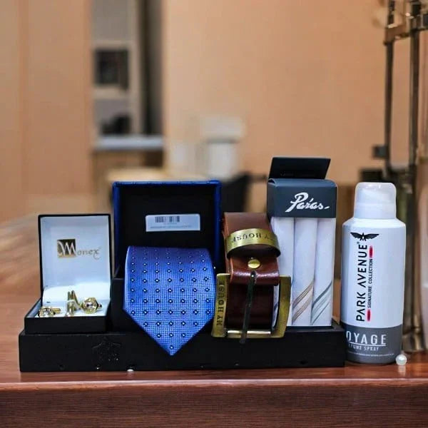 Men Gift Set with Tie Belt Cufflinks Handkerchiefs & Deo