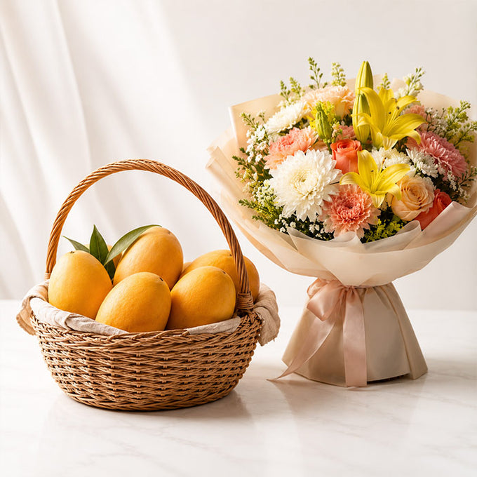 Fresh Mango Basket with Elegant Flower Bouquet Gift Combo - Anniversary Gift in Dehradun
