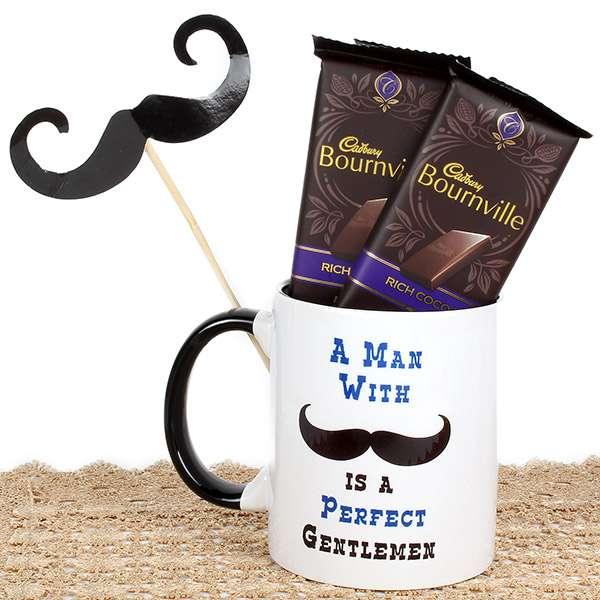 Mustache Print Ceramic Mug with Two Cadbury Bourneville Chocolates