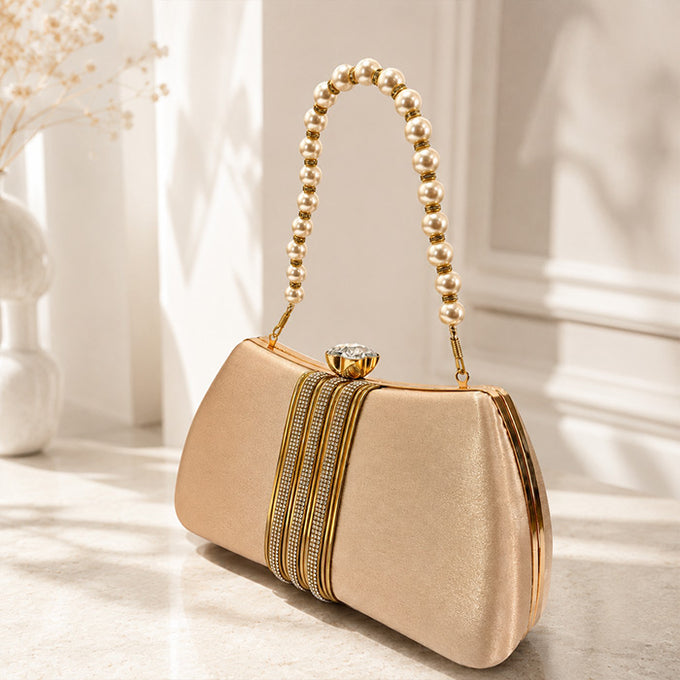 Golden Radiance Pearl-Handle Evening Clutch