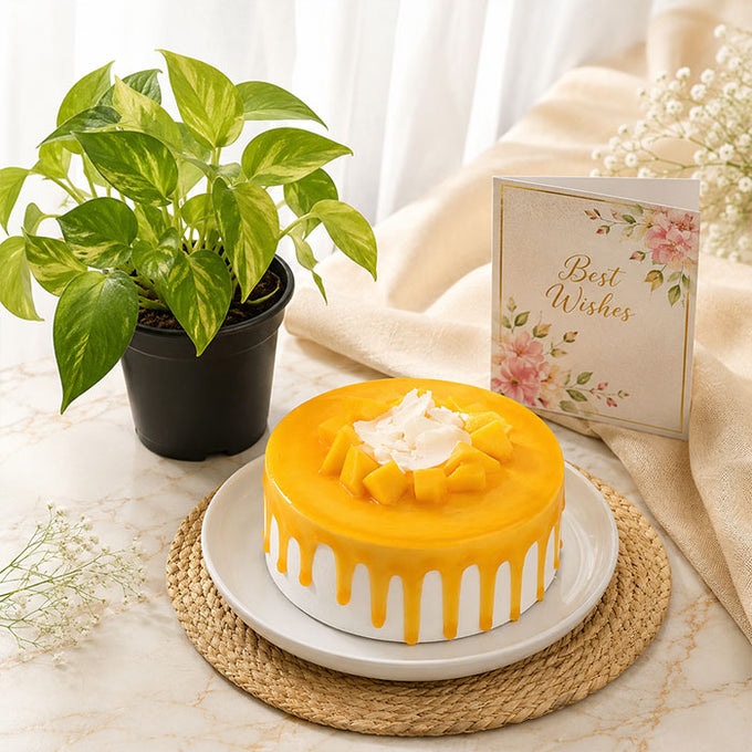 Half Kg Mango Cake with Money Plant Gift Combo - Anniversary Gift in Dehradun