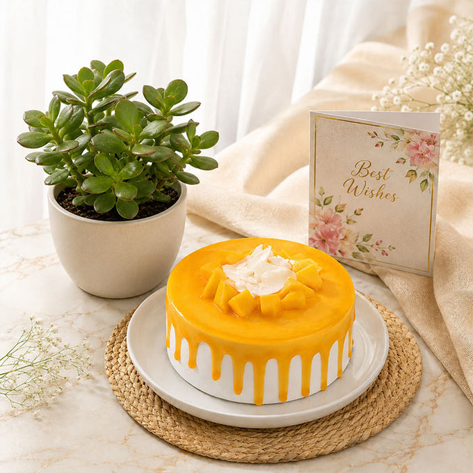 Half Kg Mango Drip Cake with Jade Plant & Best Wishes Card - Flower Delivery in Kalyani