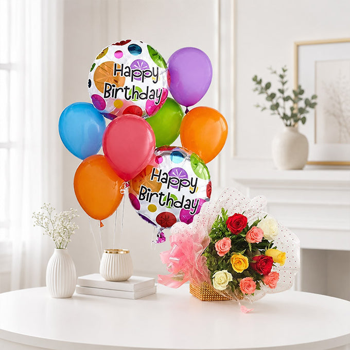 10 Mix Roses & 7 Birthday Balloons Gift Set - Flower Delivery in GiftsGhaziabad