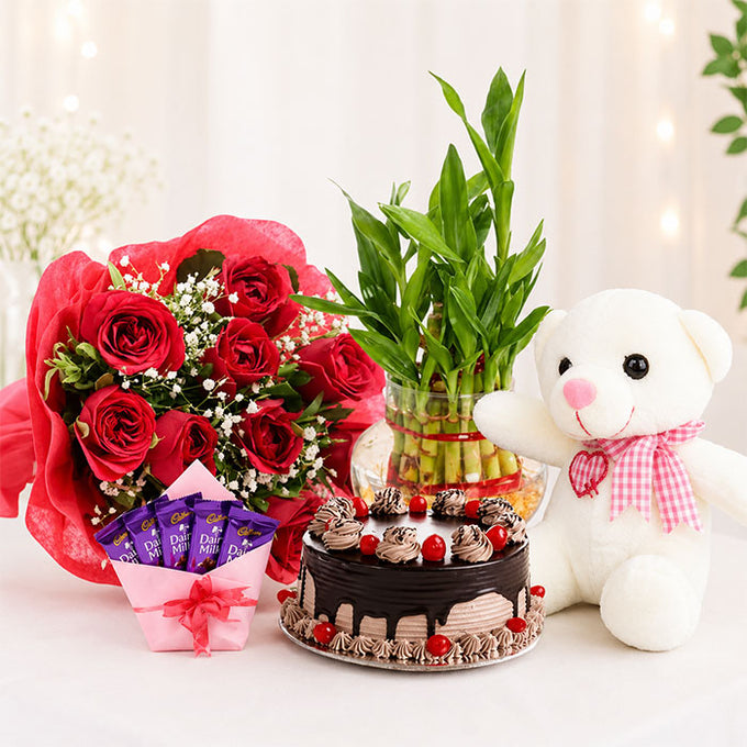 Jumbo Surprise - Chocolate Cake with Roses Teddy and Bamboo Plant