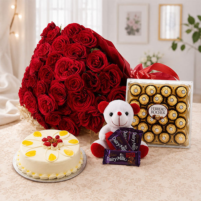 30 Red Roses Bouquet with Pineapple Cake, Ferrero Rocher & Teddy - Cake Delivery in GiftsGhaziabad