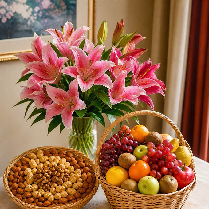 Mixed Fruit Basket with 6 Asiatic Lilies & 500g Dry Fruits - Flower Delivery in Kalyani