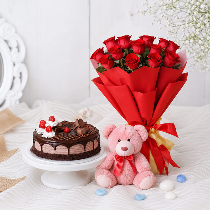 15 Red Roses Bouquet with Half Kg Choco Vanilla Cake & 6 Inch Pink Teddy - Flower Delivery in GiftsGhaziabad