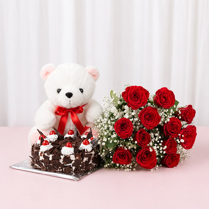 12 Red Roses with Half Kg Black Forest Cake & 6 Inch Teddy Bear Combo - Flower Delivery in GiftsGhaziabad