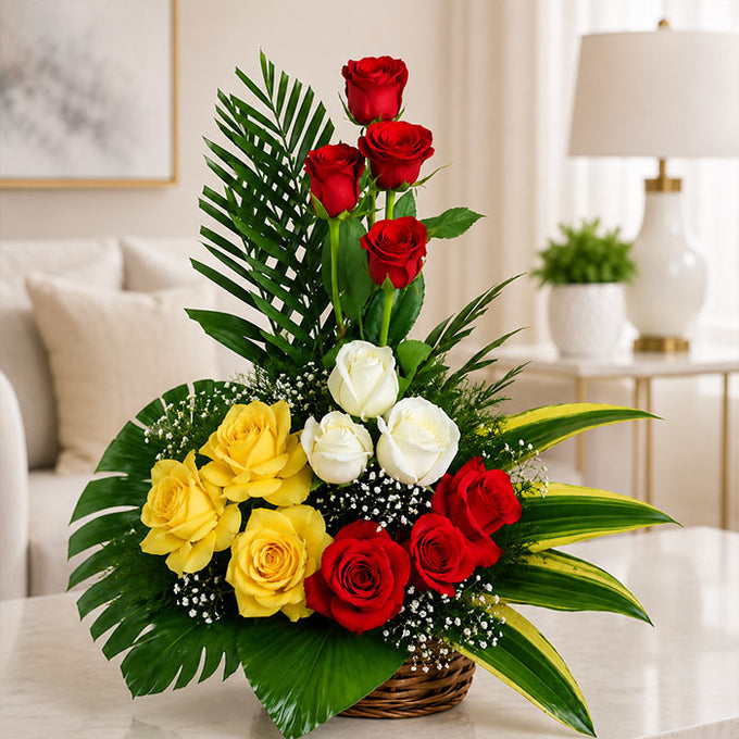 Mixed Rose Basket Arrangement with 12 Roses - Flower Delivery in Kalyani