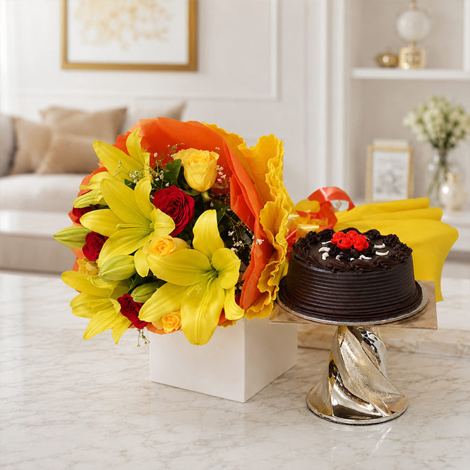 Chocolate Cake with 8 Mixed Roses and 4 Yellow Lilies Bouquet