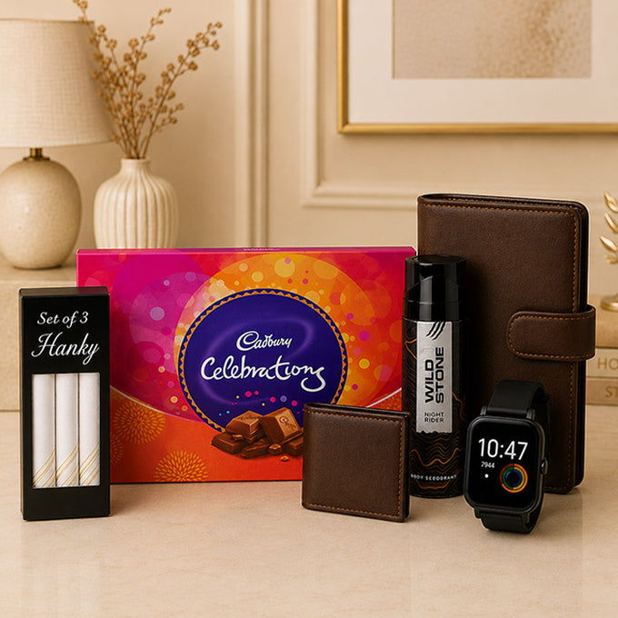 Men's Leather Wallet Gift Hamper with Smart Watch & Diary