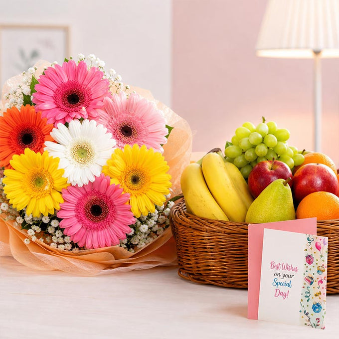 12 Mix Gerberas with 2 Kg Fruit Basket & Card - Flower Delivery in GiftsGhaziabad