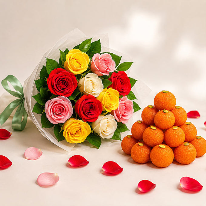 Mixed Roses Bouquet with 500g Motichur Ladoos - Flower Delivery in Kalyani