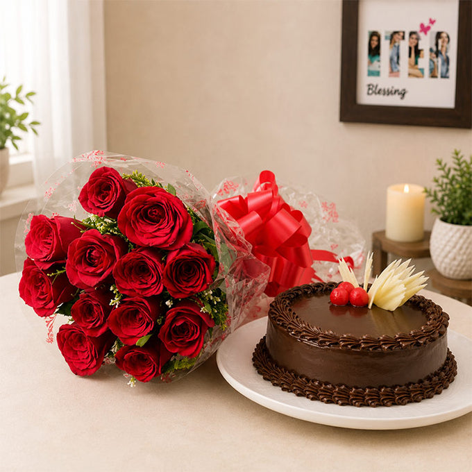 10 Red Roses with Half Kg Chocolate Truffle Cake Combo