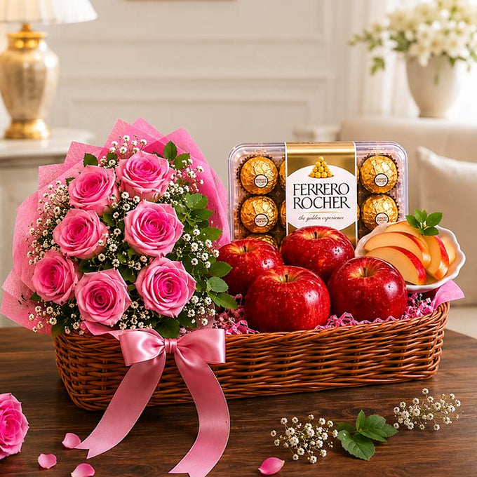 Pink Roses Bouquet with Apples Basket & Ferrero Rocher Chocolates - Flower Delivery in GiftsGhaziabad