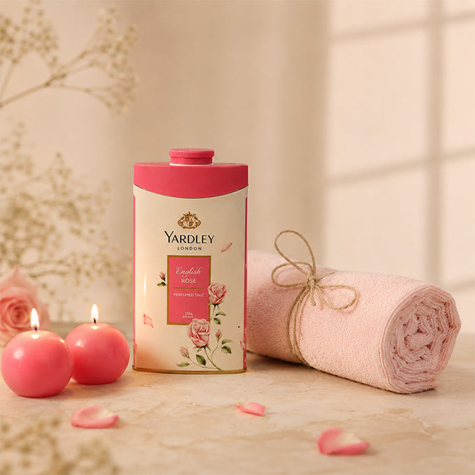 Yardley English Rose Talcum Powder Gift Set with Pink Towel & Glass Candle