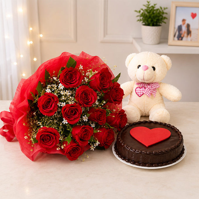 12 Red Roses with Half Kg Chocolate Cake & 6 Inch White Teddy - Flower Delivery in GiftsGhaziabad