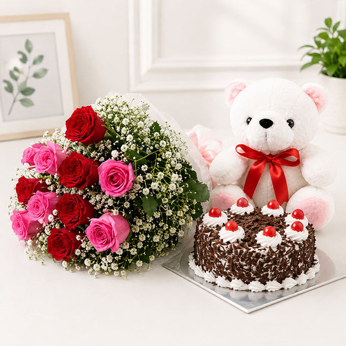 Black Forest Cake Half Kg with 10 Red Roses & Teddy Bear