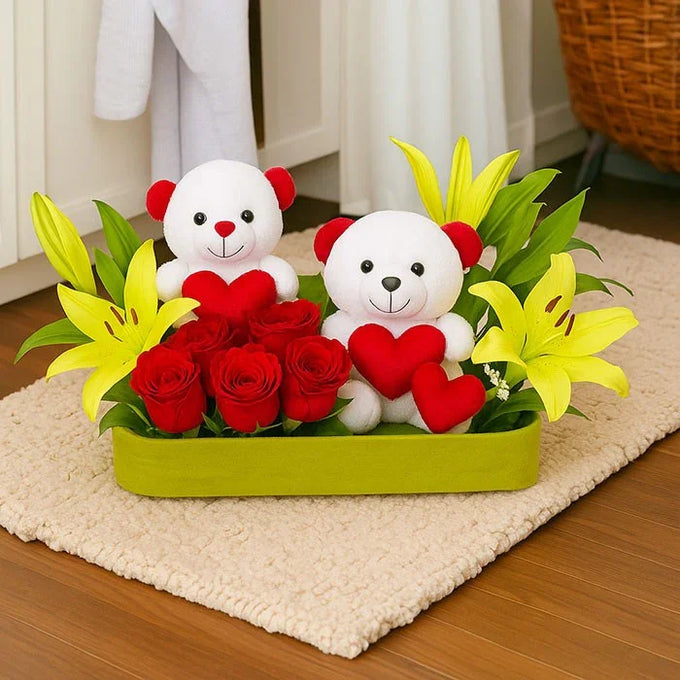 Red Roses Basket Arrangement with 2 Soft Toys & Yellow Asiatic Lilies - Flower Delivery in GiftsGhaziabad