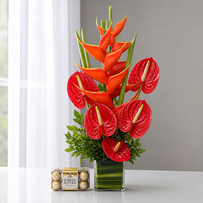 Red Anthurium Glass Vase with Ferrero Rocher Gift Box