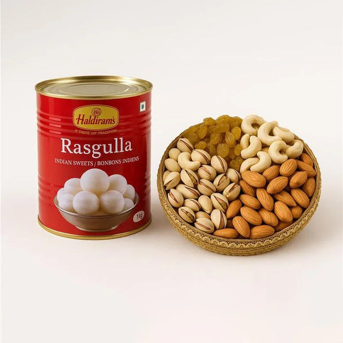 Haldiram's Rasgulla 1 Kg with 500 Gms Assorted Dry Fruits Gift Pack - Flower Delivery in GiftsGhaziabad
