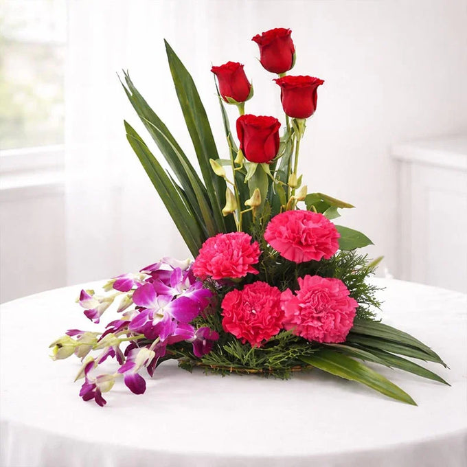 Orchid Carnation Rose Basket Arrangement - Orchids Gift for Men