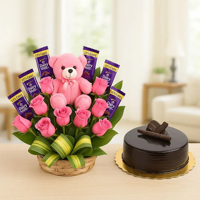 Pink Rose Basket with Dairy Milk Chocolates, Teddy & Half Kg Chocolate Truffle Cake - Flower Delivery in GiftsGhaziabad