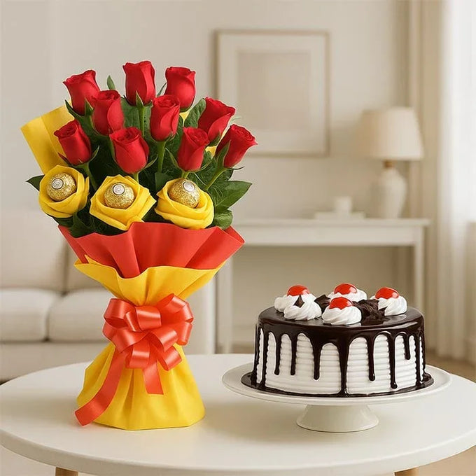 Black Forest Cake Roses Chocolate Combo | OyeGifts - Flower Delivery in GiftsGhaziabad