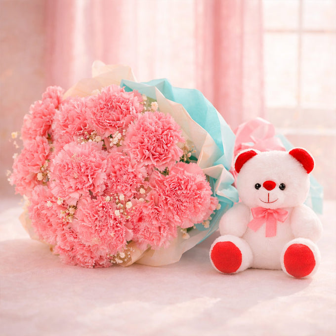 Pink Carnation Bouquet with 6 Inch Teddy Bear