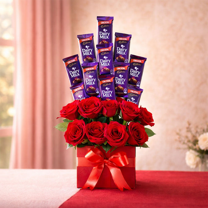 Red Roses Arrangement with 10 Dairy Milk Chocolates - Flower Delivery in GiftsGhaziabad