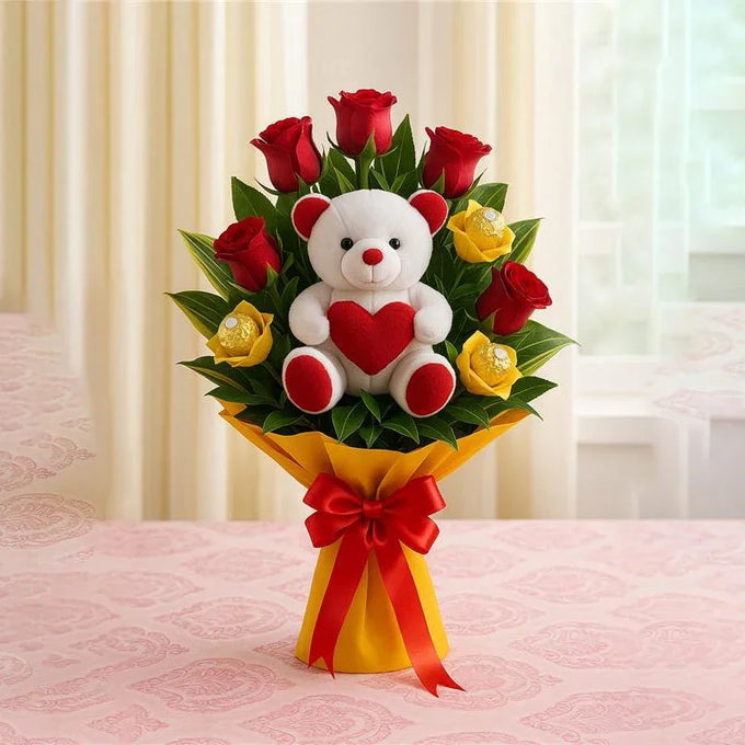 Red Rose Bouquet with Ferrero Rocher & 6 Inch Teddy