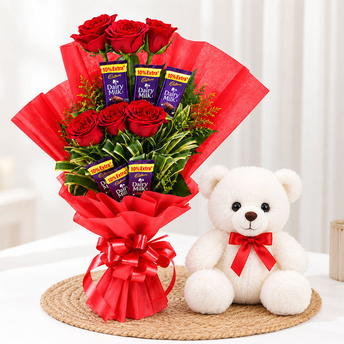 Red Roses Bouquet with 6 Cadbury Dairy Milk Chocolates