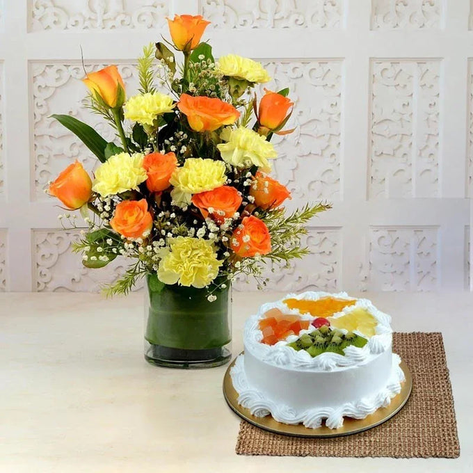 Flowers with Mixed Fruit Cake - Flower Delivery in Kalyani