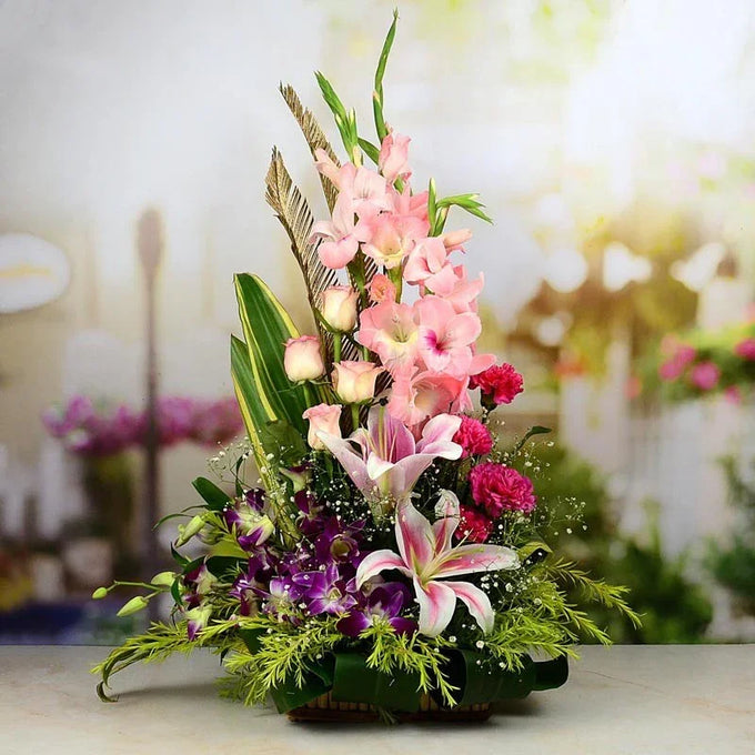 Elegant Carnation Lily Basket - Flower Delivery in GiftsGhaziabad
