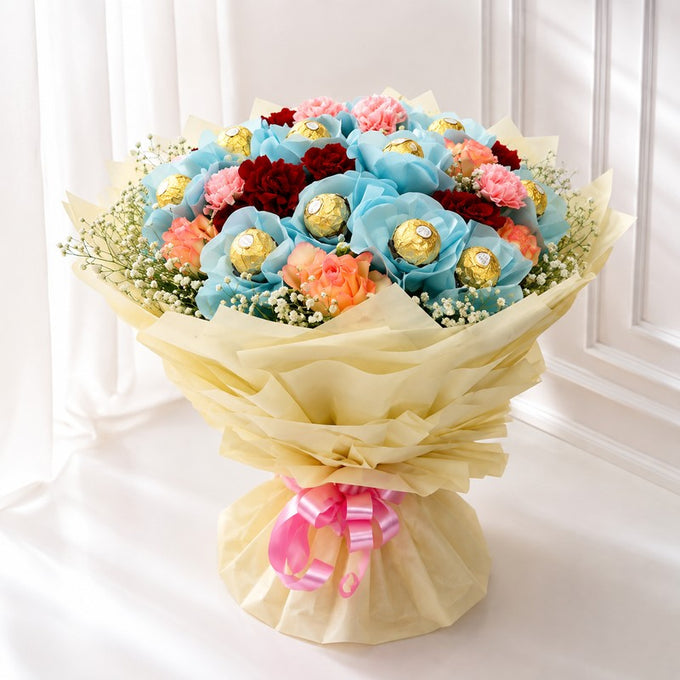 Ferrero Rocher & Mixed Flowers Luxury Bouquet - Birthday Gift in GiftsGhaziabad