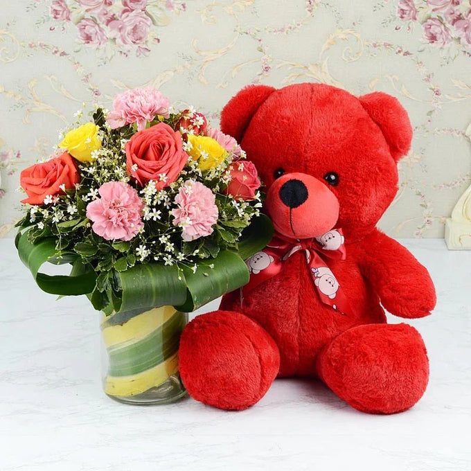 Flower Vase & Cute Red Teddy - Flower Delivery in Kalyani